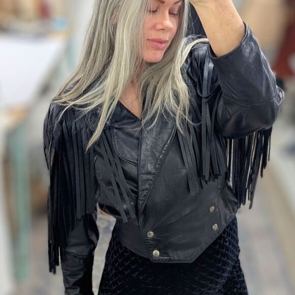 Vintage Leather Crop Fringe Jacket - Picture 1 of 12
